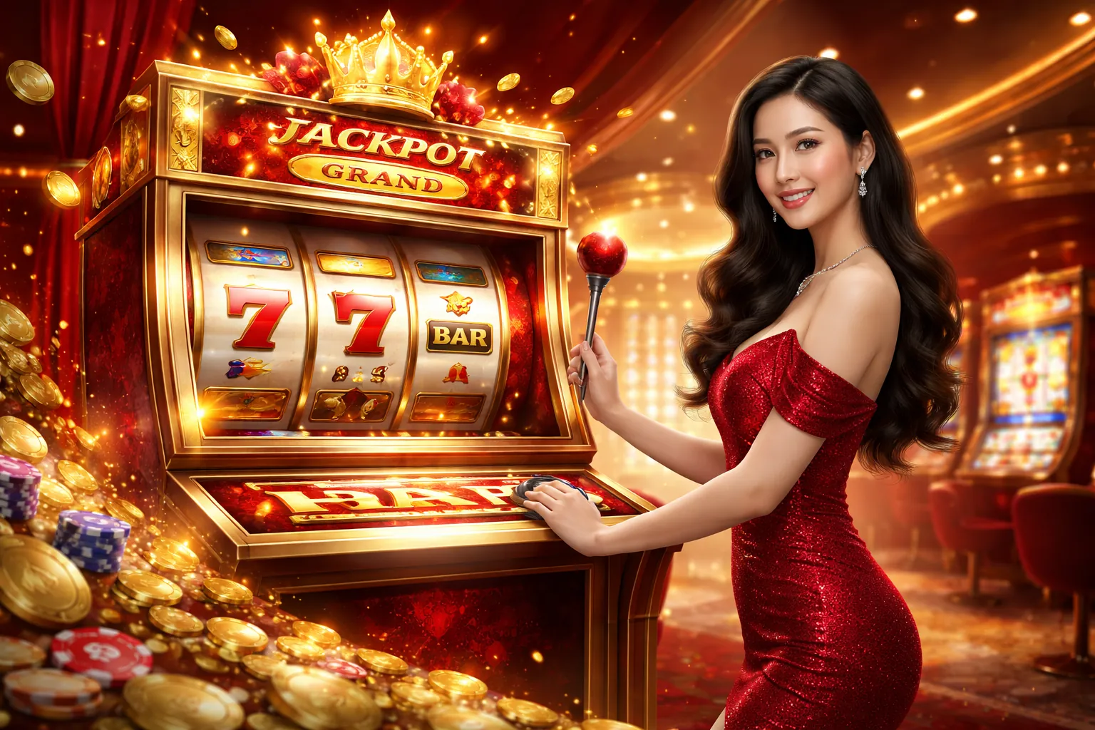 Hình ảnh máy slot với biểu tượng chiến thắng rực rỡ, tượng trưng cho bí quyết thắng tiền máy slot